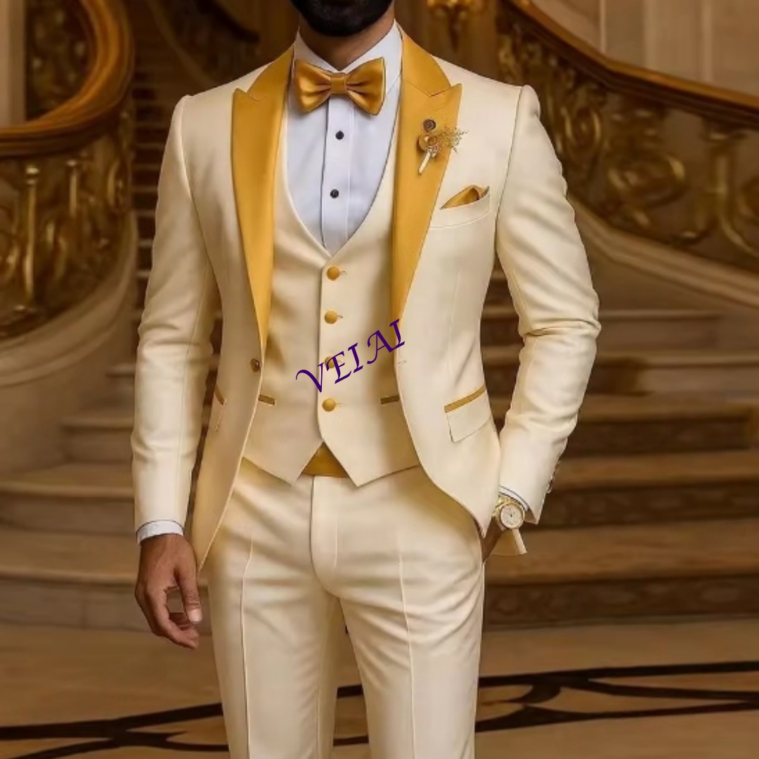Men Formal Wear Wedding - Traje personalizado con cuello dorado de